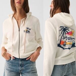 Faherty White Cozy Fleece "Sun & Waves" Beach Graphic Print Full Zip Hoodie SM